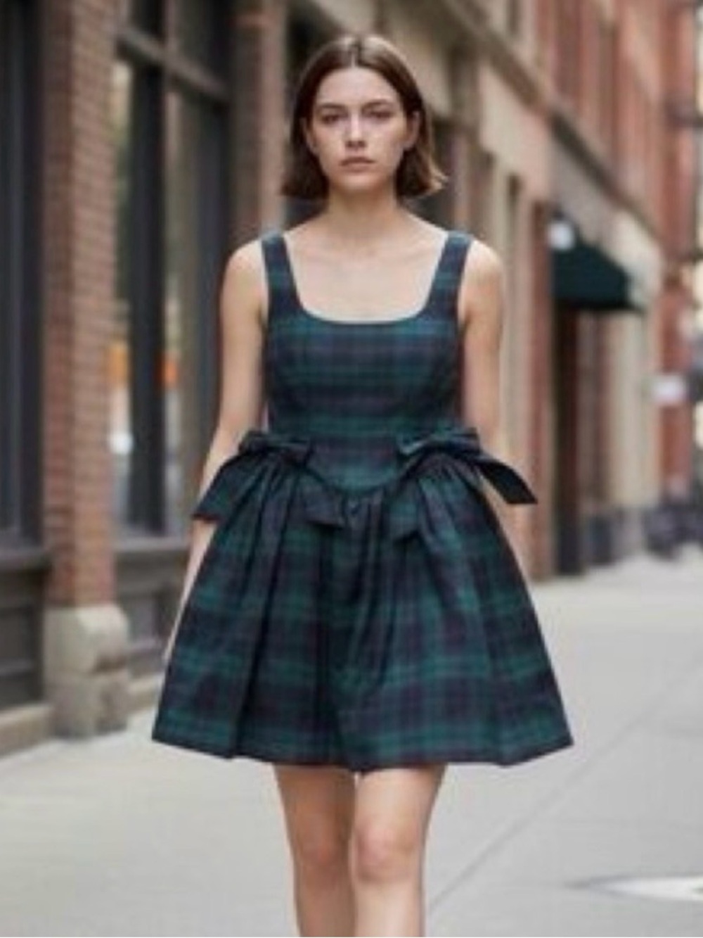 NWT Avec Les Filles Dark Green Plaid School Girl Fit & Flare Mini Dress